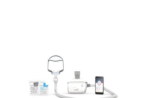 ResMed AirMini - N30 Starter Kit + Deluxe Bag, compact CPAP machine with accessories and carrying case for sleep apnea therapy.