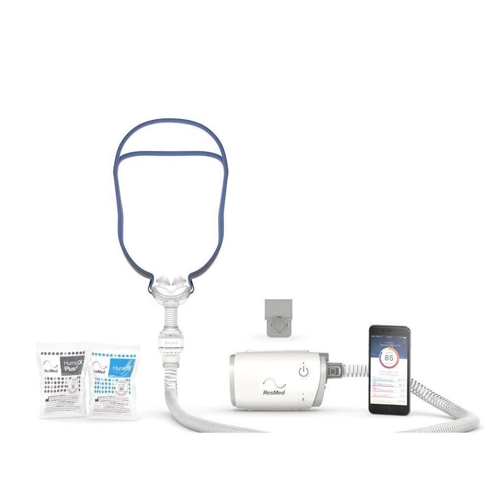 Resmed ResMed AirMini - P10 Starter kit+ Deluxe Bag, portable CPAP machine with mask, humidifier, power supply, and smartphone connectivity for sleep apnea therapy.