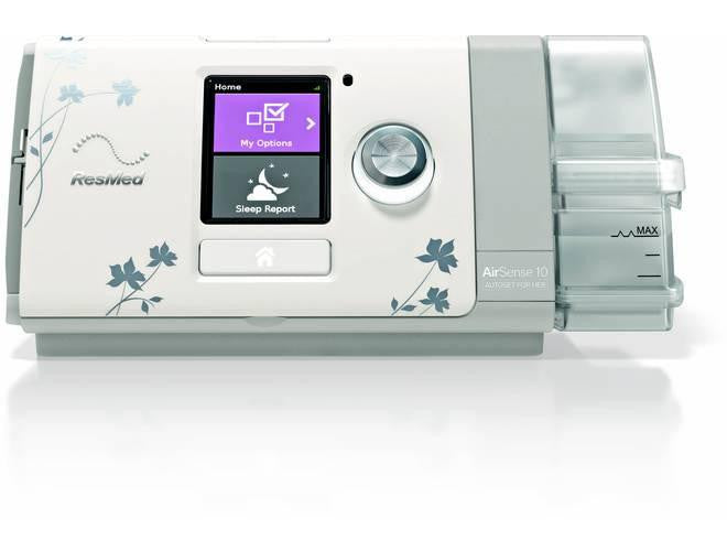ResMed AirSense 10 AutoSet for Her CPAP - 4G Model, white medical device with touch screen display and floral design.