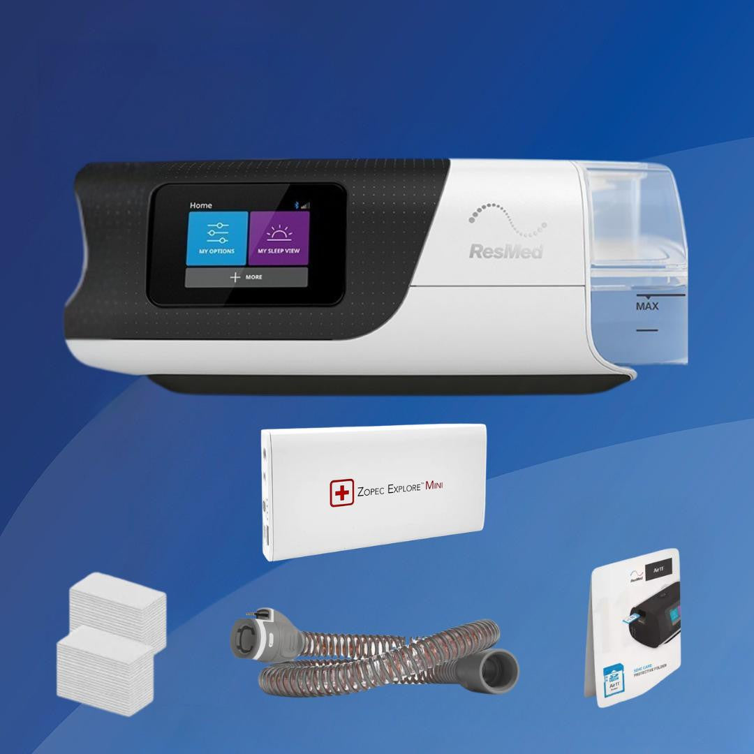 Resmed ResMed AirSense 11 Auto Freedom Package with display screen, humidifier, filters, tubing, and accessories for sleep apnea therapy.