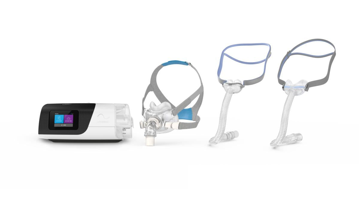 ResMed AirSense 11 Elite Machine and Mask, advanced CPAP therapy device with two different mask options and a user-friendly digital interface for sleep apnea treatment.