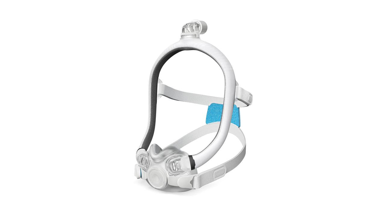 ResMed Airtouch F30i Comfort Full Face Mask, transparent mask with adjustable straps and cushioned seal for sleep apnea treatment.
