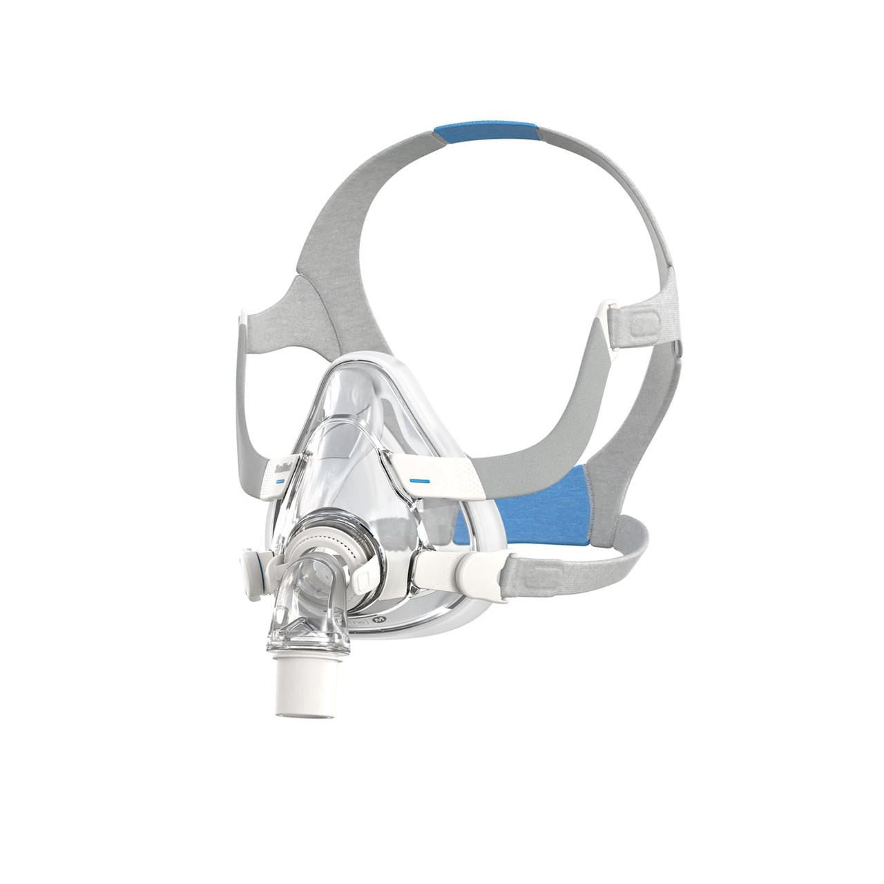 Resmed ResMed F20 AirFit Full Face CPAP mask, image of a modern full face CPAP mask with adjustable headgear and clear silicone cushion for sleep apnea therapy.
