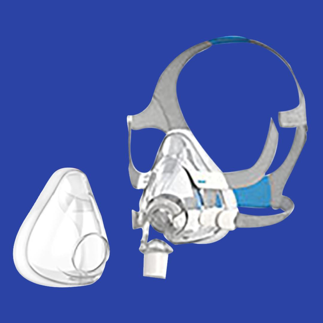 Resmed F20 AirFit Full Face CPAP mask , a medical device for sleep apnea therapy, featuring a full-face design with adjustable straps and a white cushion.
