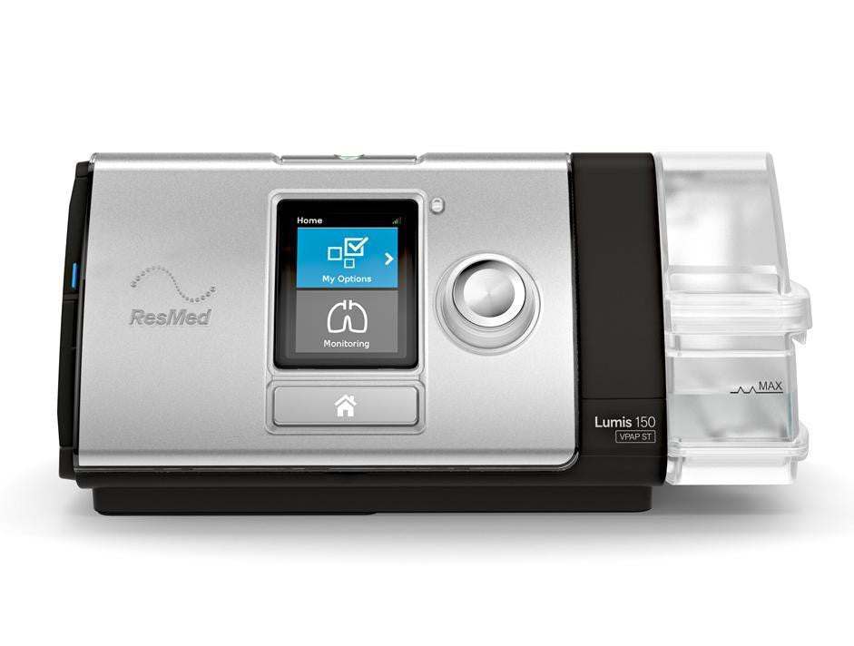 ResMed Lumis 150 VPAP ST, modern medical ventilator device with digital interface and adjustable settings.