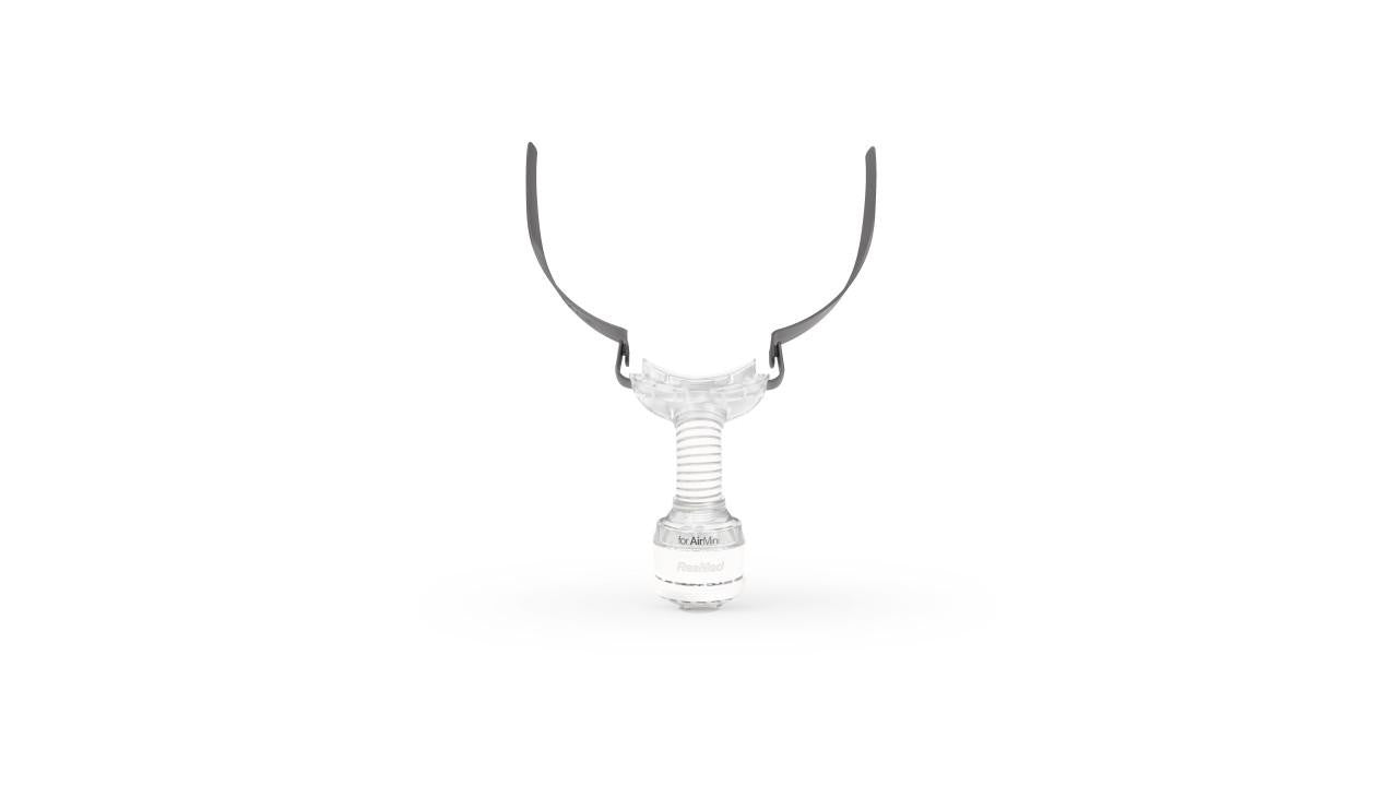 Resmed ResMed N30 AirMini Mask Connector, a transparent plastic mask connector with a flexible white tube for CPAP therapy.