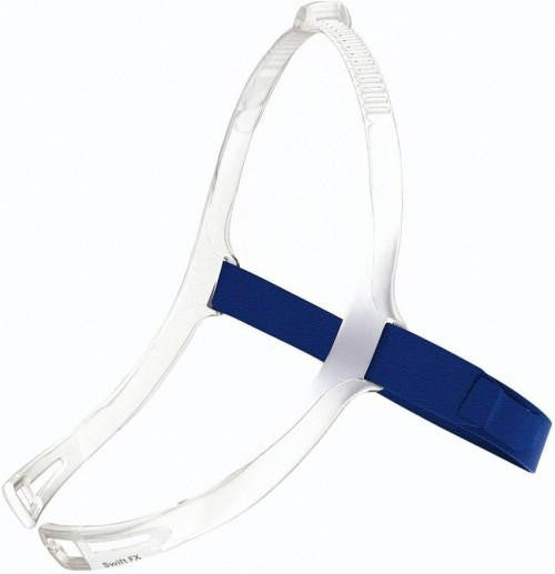 ResMed Swift FX Headgear Assembly, clear and blue adjustable headgear for sleep apnea CPAP mask.