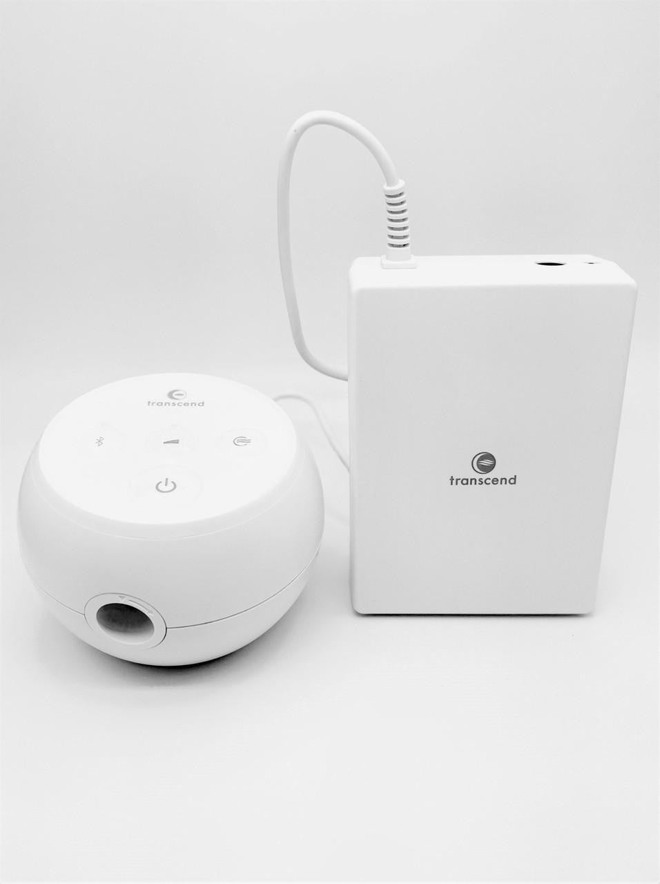Transcend Micro Auto and Battery package, white electronic device with a circular control unit and a rectangular battery pack connected by a white cable.