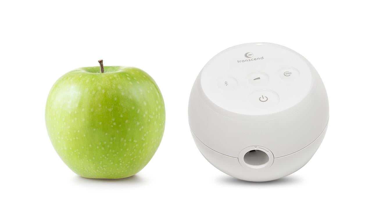 Transcend Micro Auto and Battery Package, white spherical device with control buttons alongside a green apple.