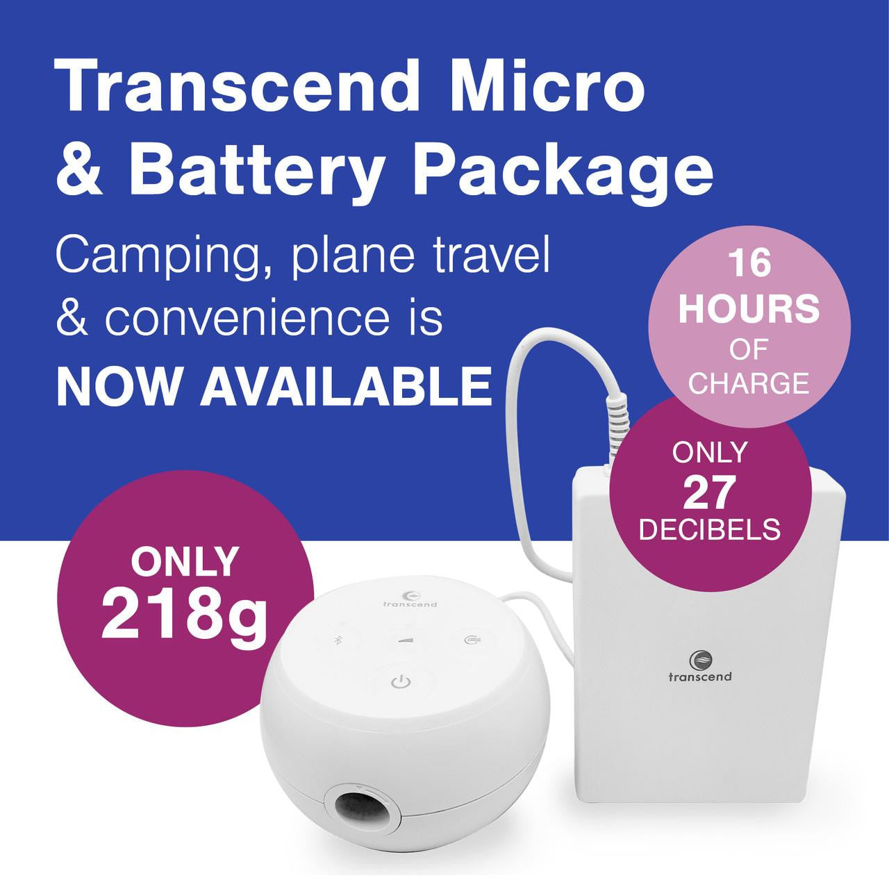Transcend Micro & Battery Package, image showing portable battery pack and smaller device for camping, plane travel, and convenience with 16 hours of charge, only 27 decibels noise level, and 218 grams weight.