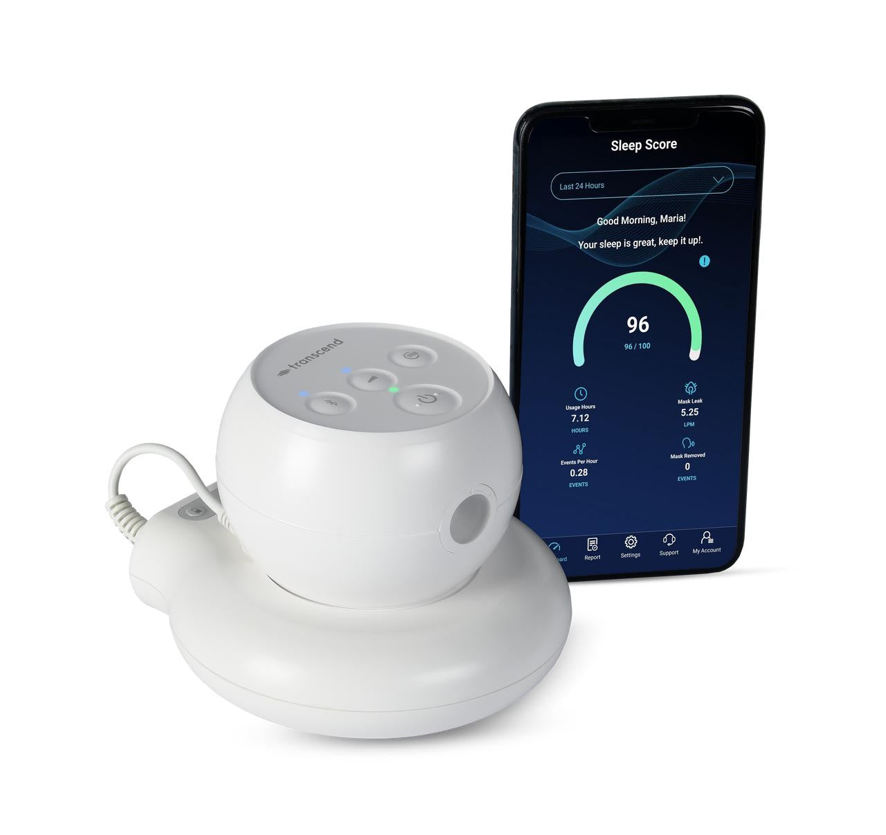 Transcend Micro PowerAway battery, a compact white battery with control buttons and indicator lights, used for powering smart devices next to a smartphone displaying sleep score data.
