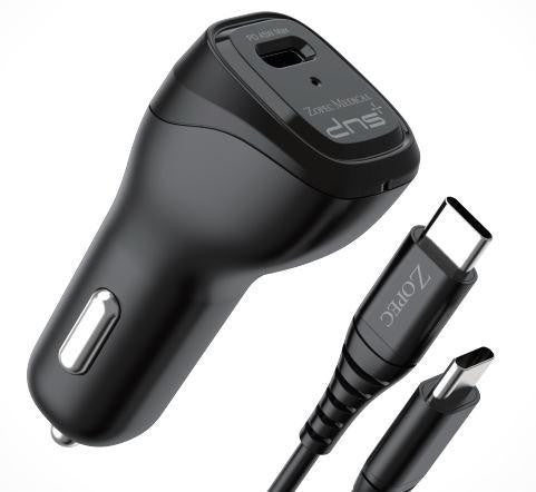 Zopec Battery Smart Charger Charger (PD 45W), black compact car charger with USB-C port and attached charging cable.
