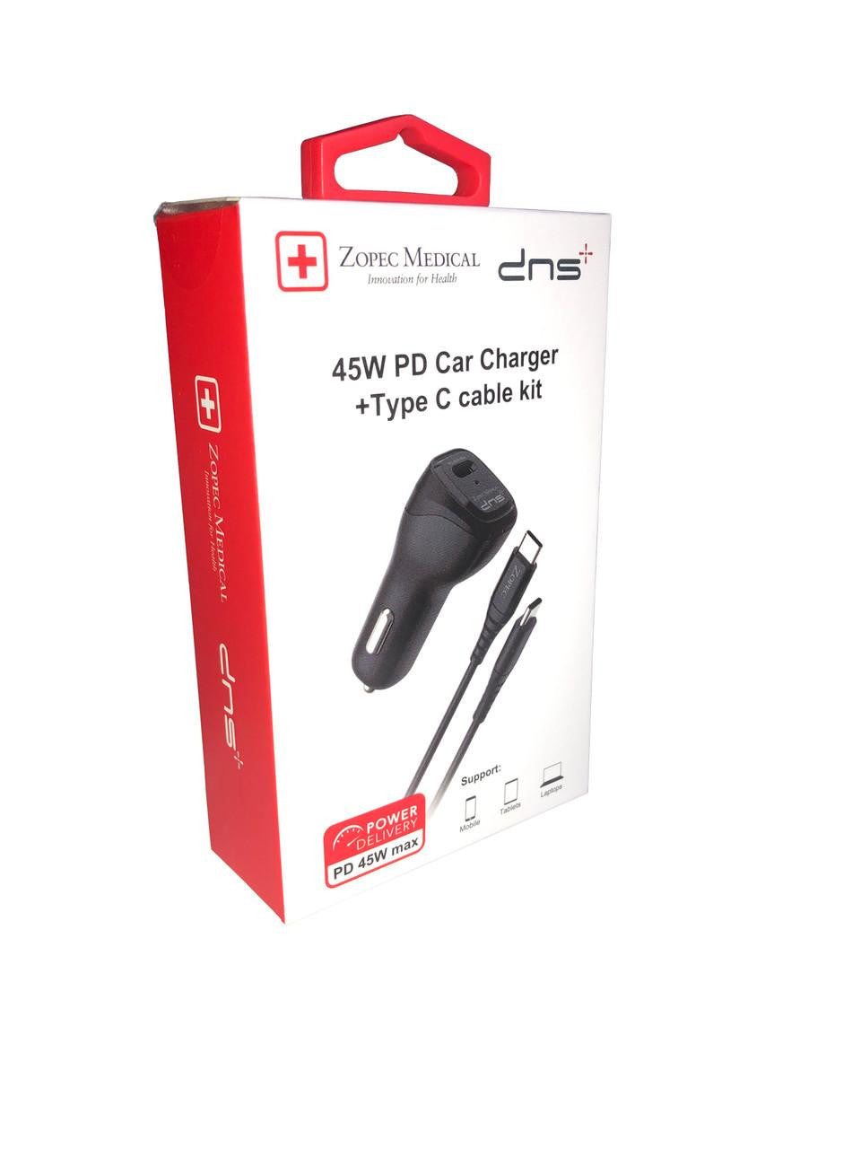 Zopec Battery Smart Charger Charger (PD 45W), product packaging featuring a black car charger with a Type C cable kit designed for mobile, tablet, and laptop devices.