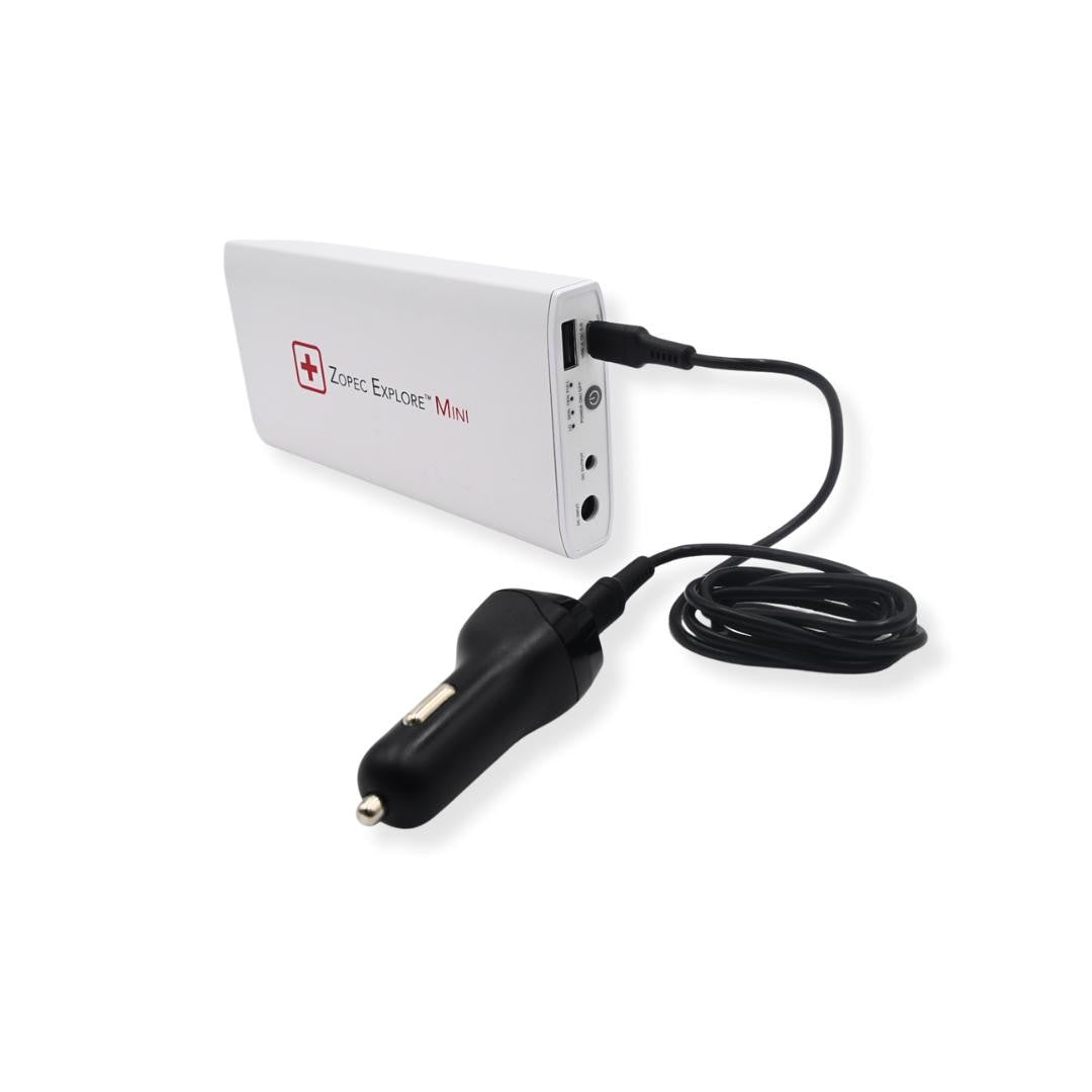 Zopec Battery Smart Charger (PD 45W), portable white power bank with attached black car charger and USB port for charging electronic devices.
