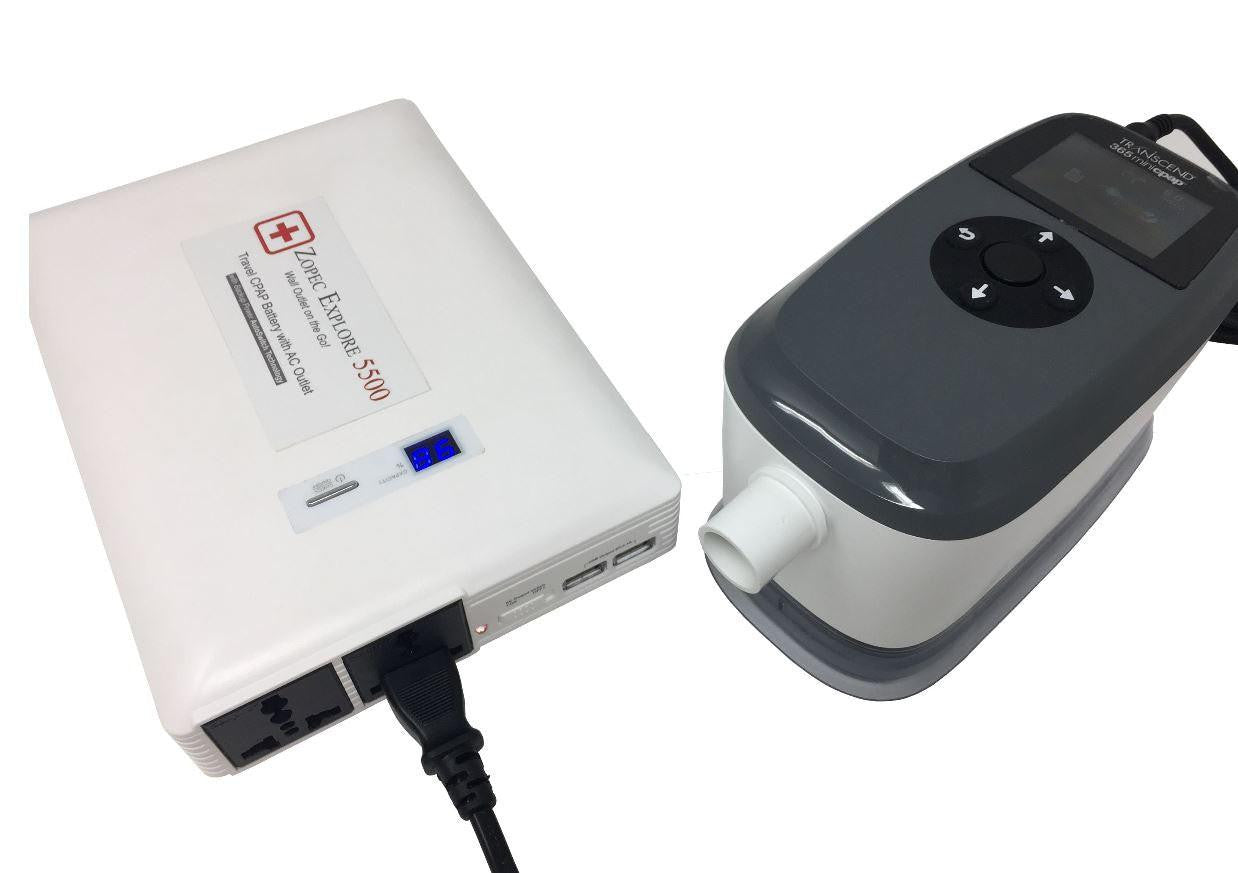 Zopec Explore 5500, portable medical oxygen concentrator device with control panel and connected tubing.
