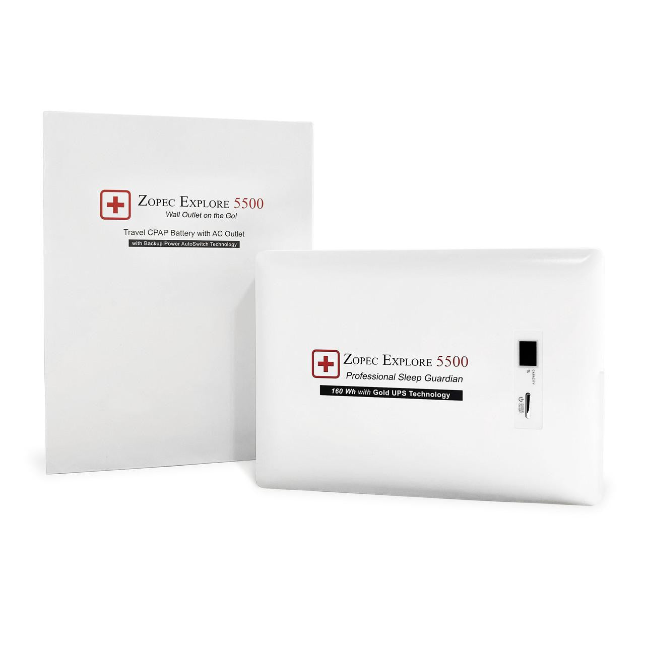 Zopec Explore 5500, portable travel CPAP and sleep apnea battery with LCD display and backup power system.