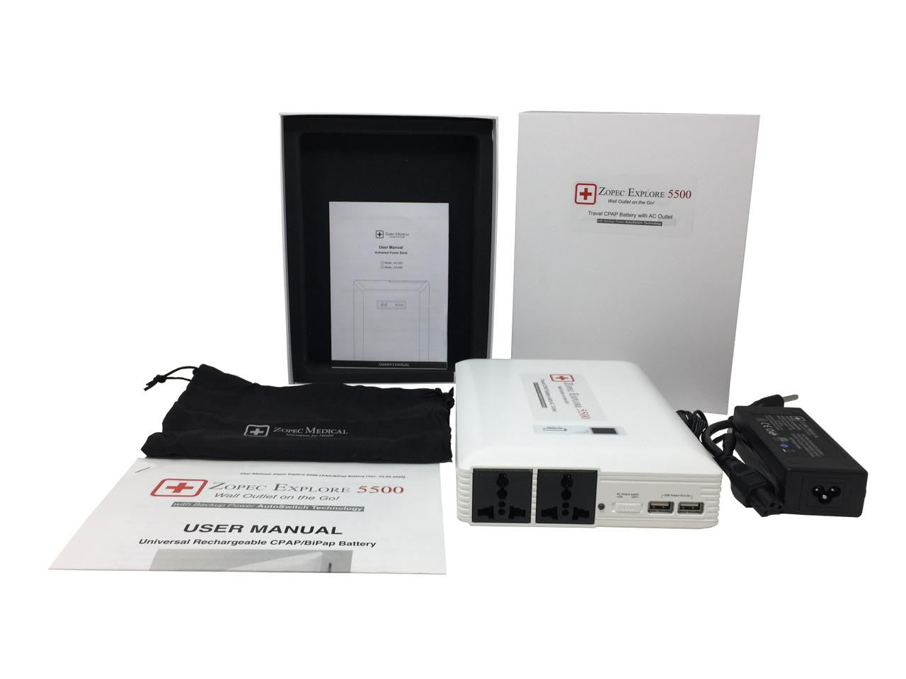 Zopec Explore 5500, portable medical CPAP battery backup system with power adapters, user manual, and accessories.