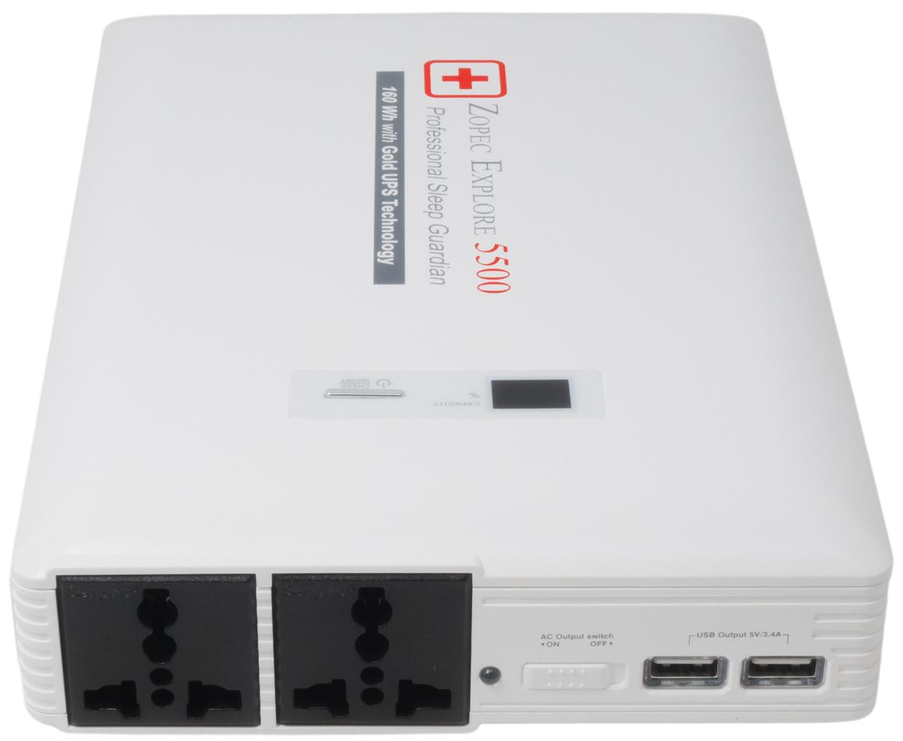 Zopec Explore 5500, portable power station with multiple charging ports and digital display.